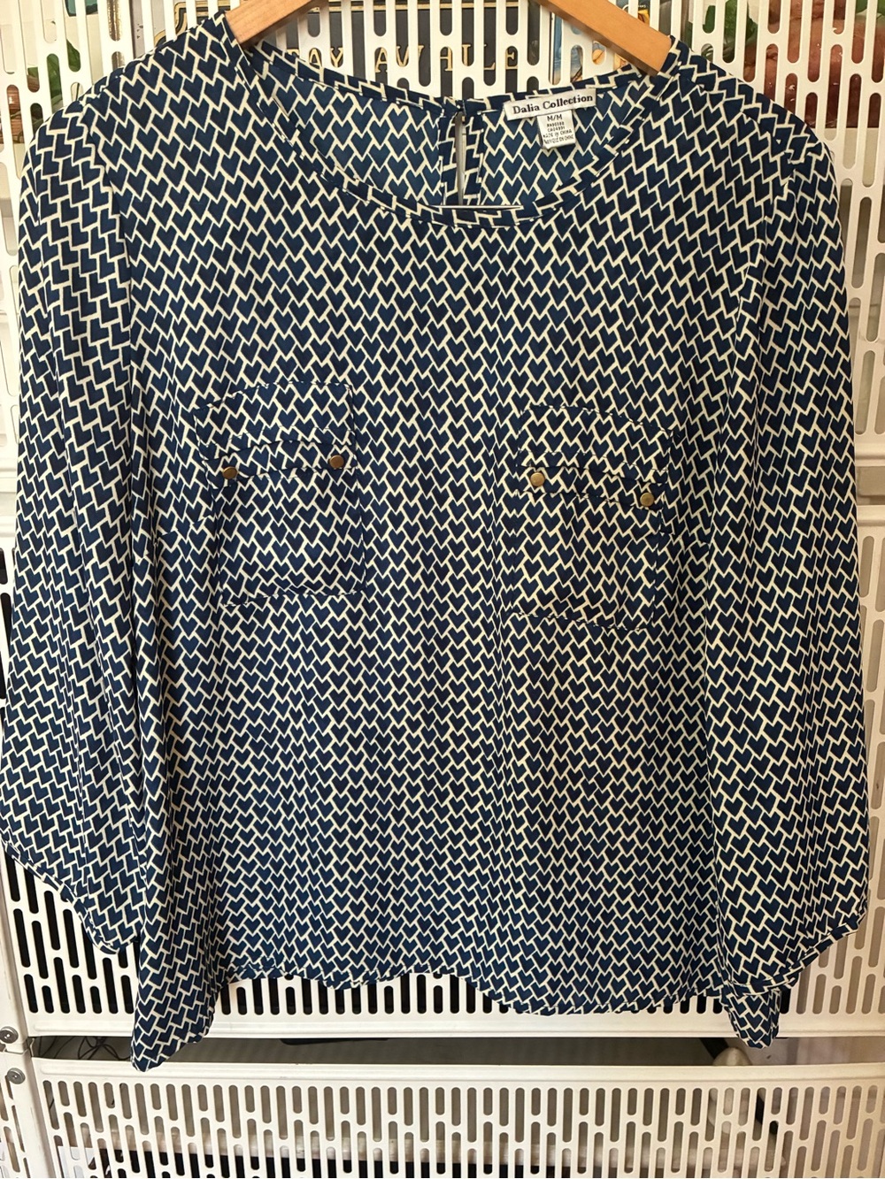 Dalia Collection Navy and White Geometric Pocket Blouse
